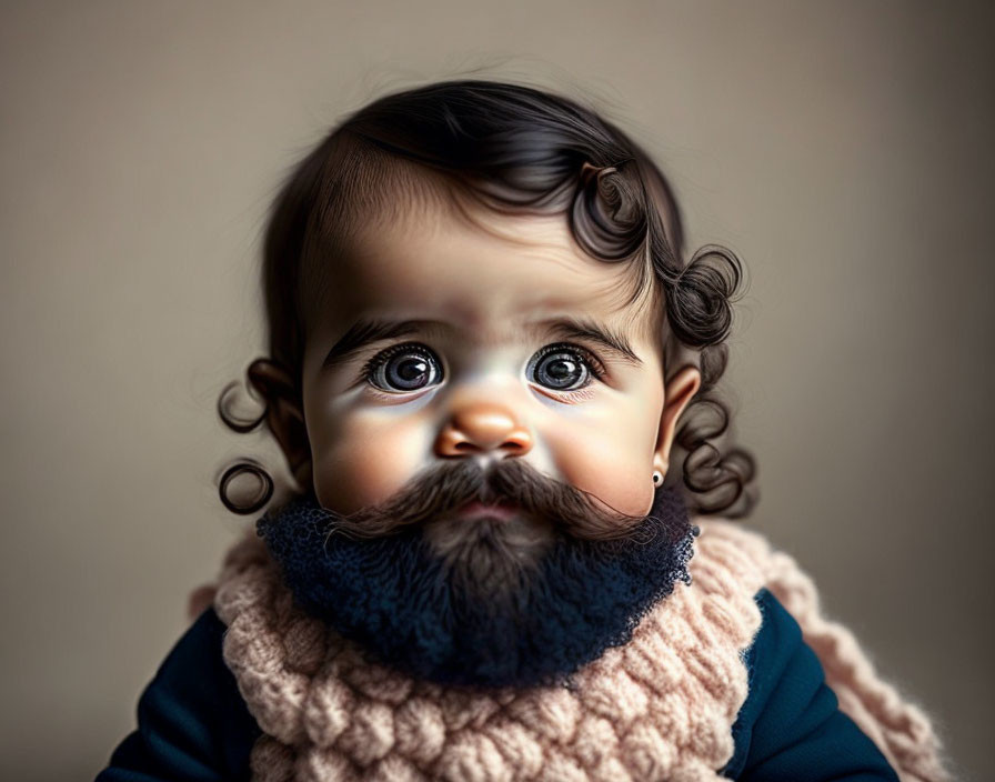 Baby with Big Eyes and Curly Hair in Beard and Mustache Prop Sweater and Scarf