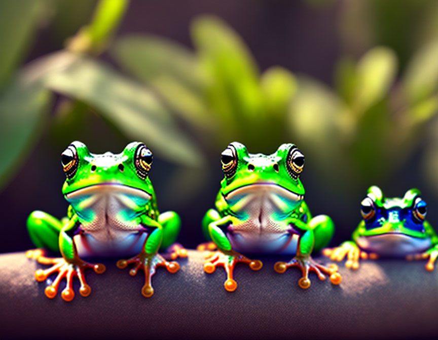 Three Green Frogs with Black Markings and Orange Feet on Green Background