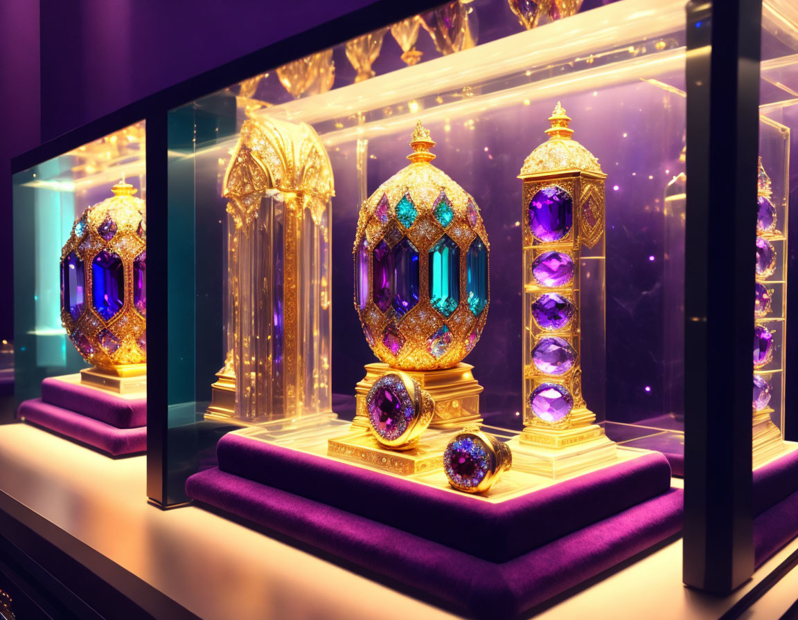 Exquisite jeweled eggs showcased in glass cases with purple velvet lining