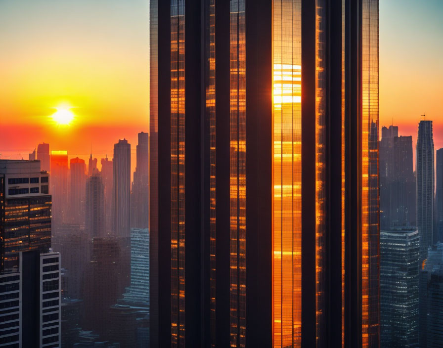 Vibrant sunset behind glass skyscrapers in cityscape.