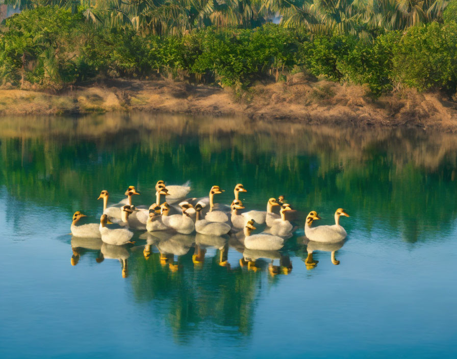 Geese swimming in calm lake with lush green trees