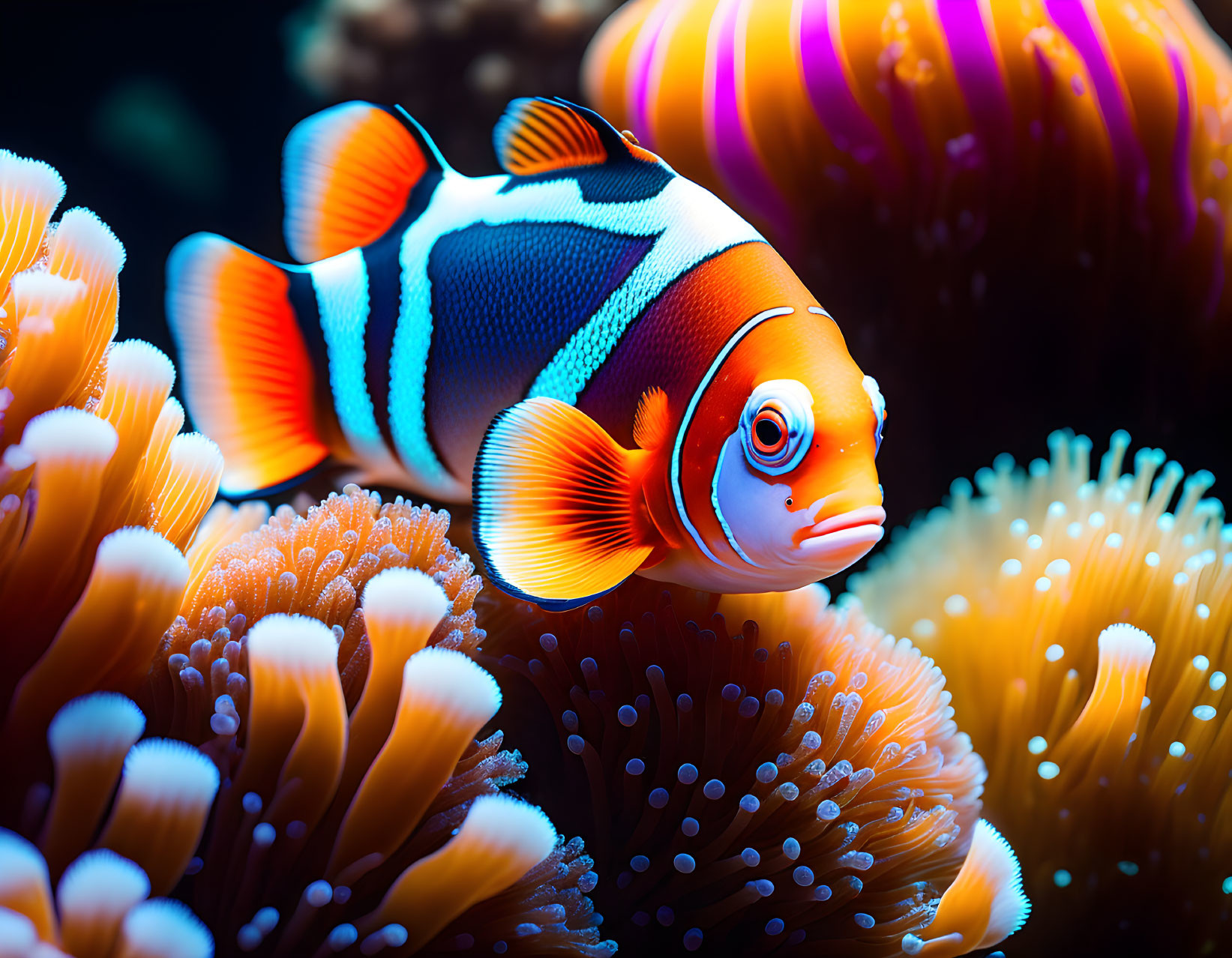 Colorful Clownfish Among Vibrant Sea Anemones in Marine Aquarium