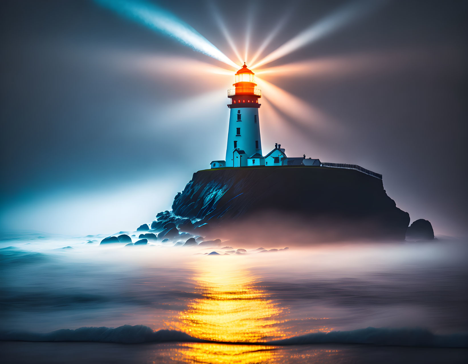 Majestic lighthouse on rocky cliff shines beacon at twilight