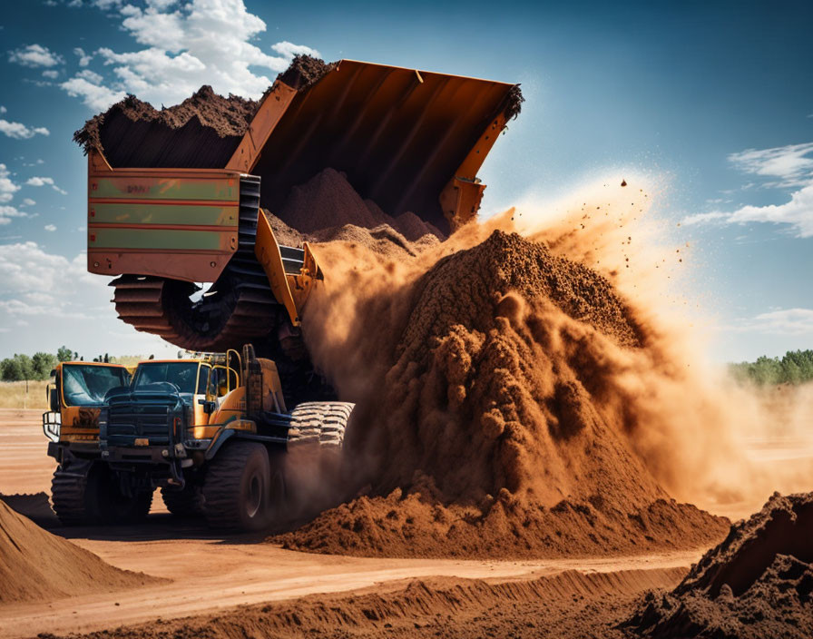 Massive dump truck unloading dirt at construction site.