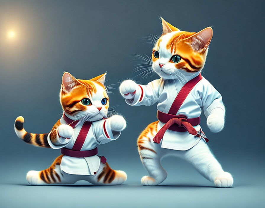 White Karate Uniforms: Animated Cats in Red Belts Practicing Martial Arts