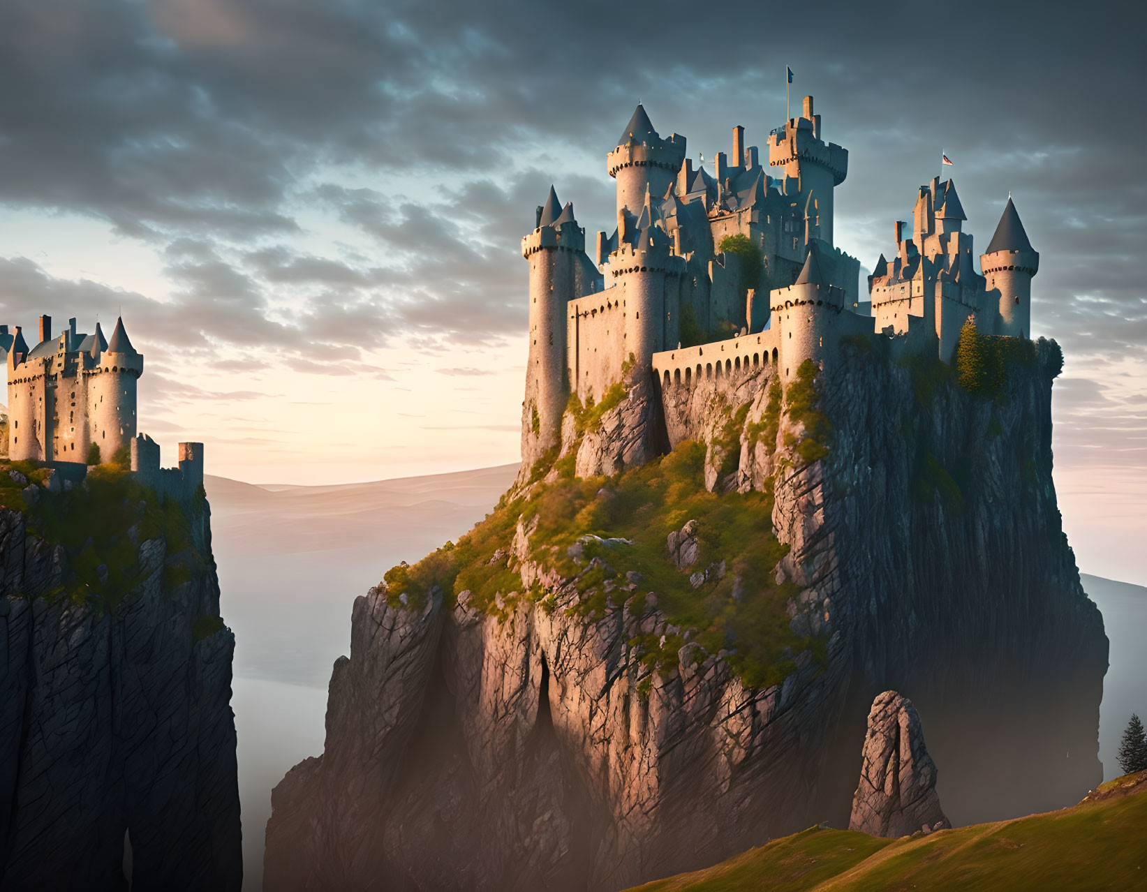 Castle on Cliff Overlooking Sunset Sky & Hills