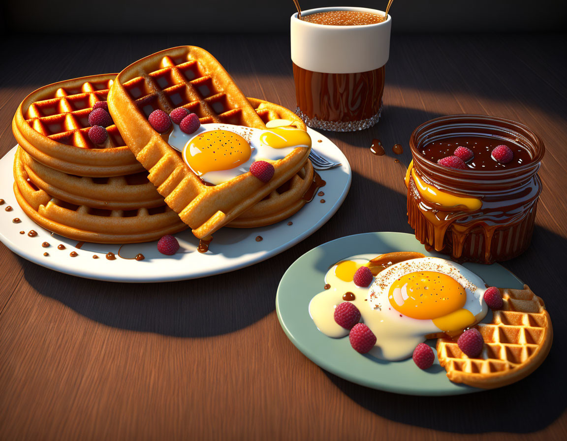 Delicious waffles, berries, eggs, jam, and hot beverage on wooden table