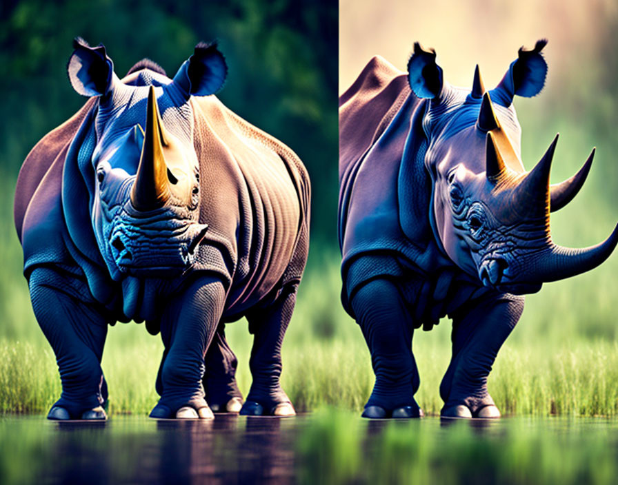 Two rhinoceroses in vibrant green setting