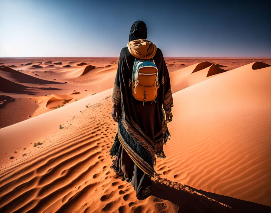 Person in dark clothing walks on sandy desert dune under clear blue sky