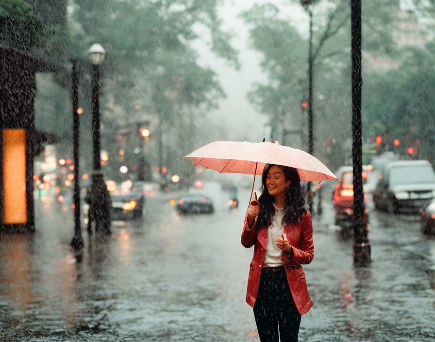 Smiling woman with pink umbrella on rainy city street