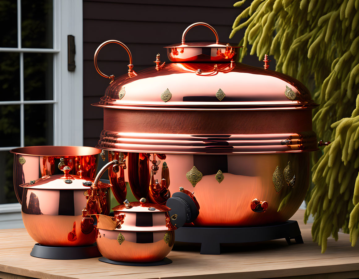 Polished Copper Cookware Set on Wooden Countertop