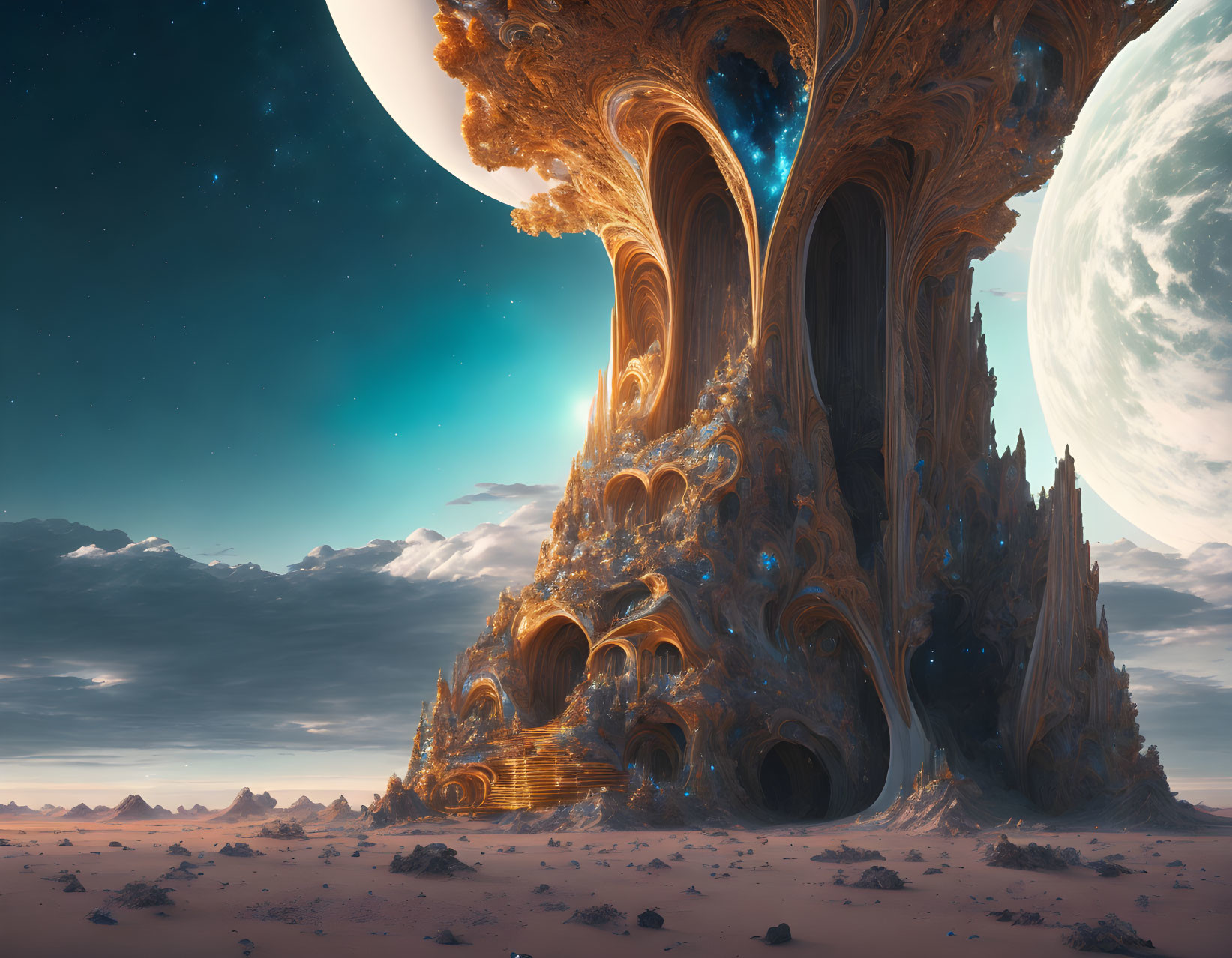 Ornate tree-like structure under cosmic sky on alien desert landscape