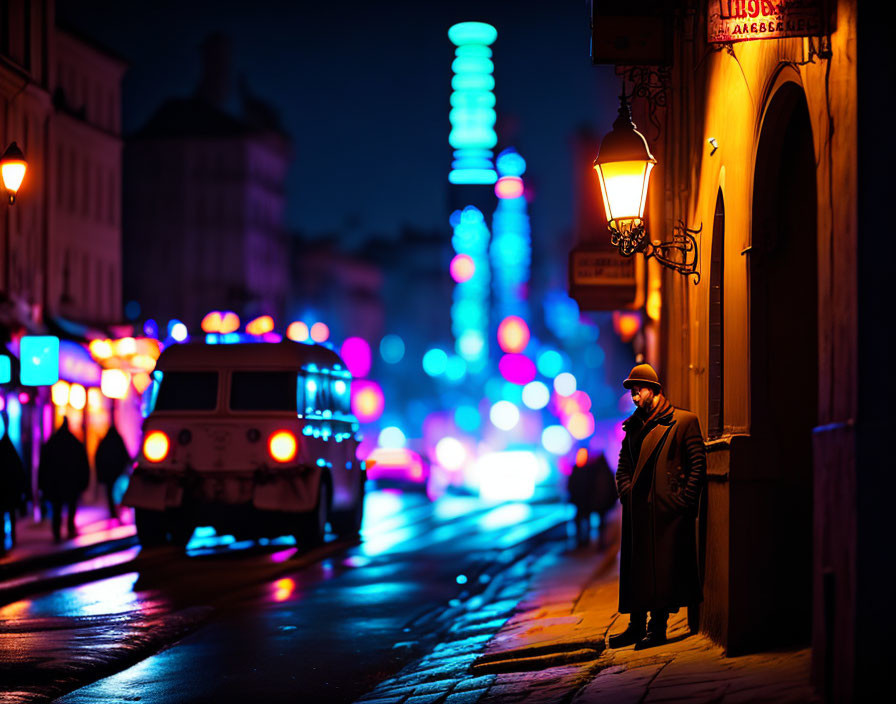 Person in hat and coat by building at night with city lights and vintage car.