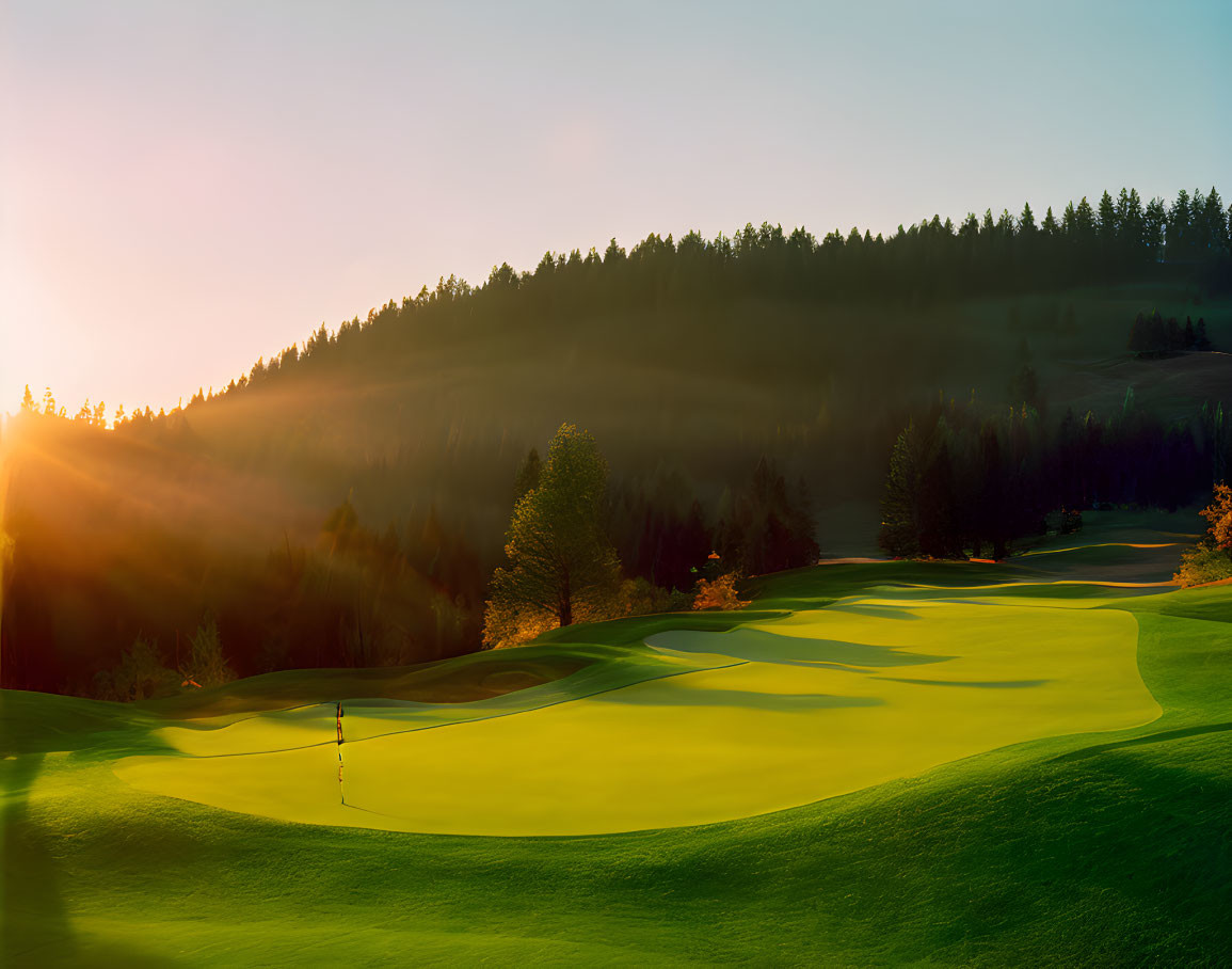 Tranquil sunset scene on a golf course with sun rays and long shadows.