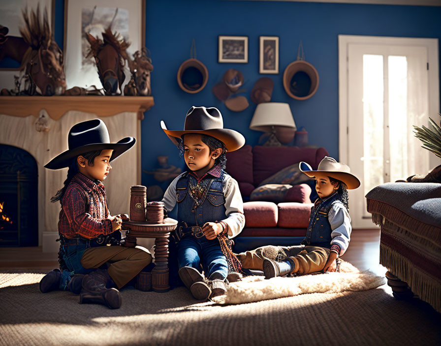 Children in cowboy costumes playing in western-themed room.