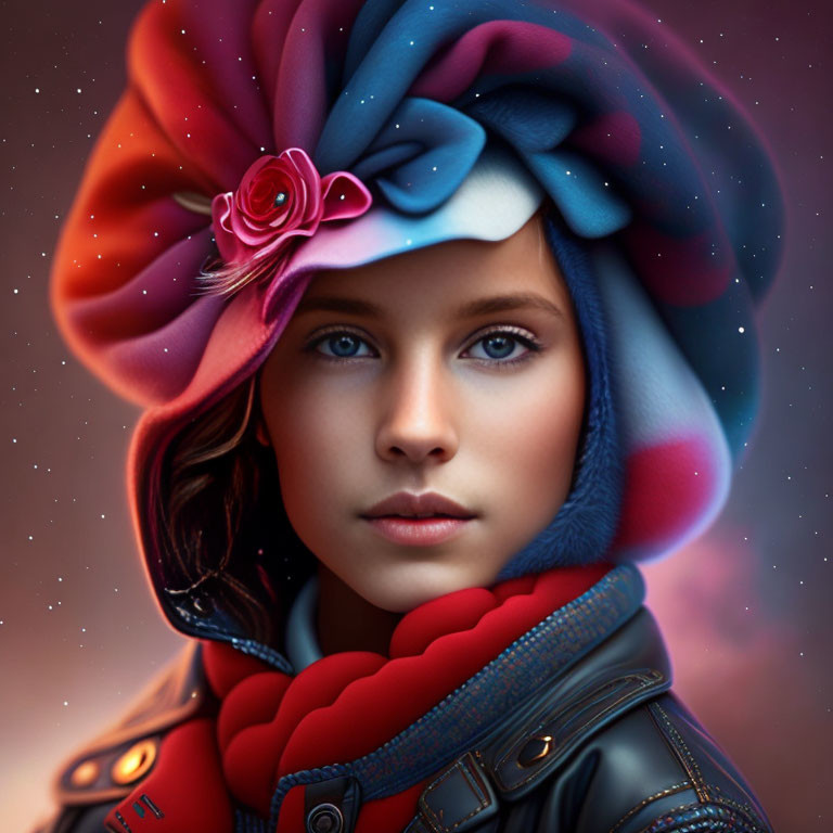 Colorful digital portrait of a girl with blue eyes in oversized hat.