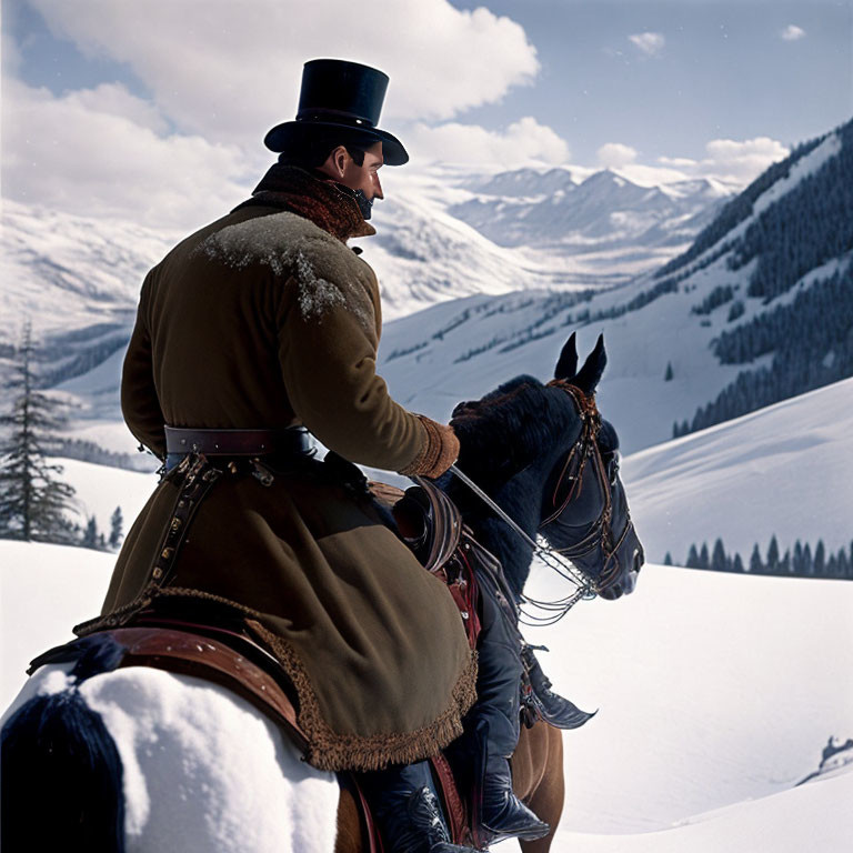 Historical figure on horseback in snowy mountain landscape