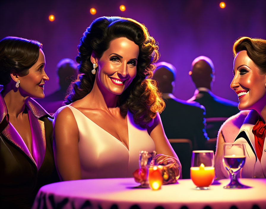 Vibrant retro nightclub scene with three smiling women at table