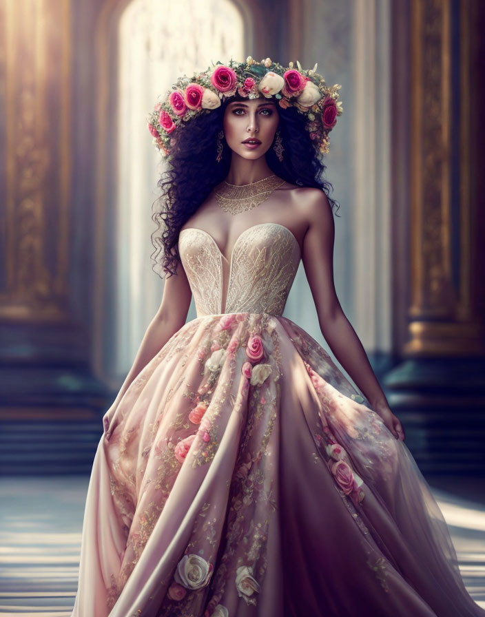 Woman in floral crown and pink gown in grand hallway with sunlight.