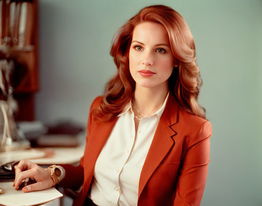 Red-haired professional woman in white blouse and rust blazer at desk