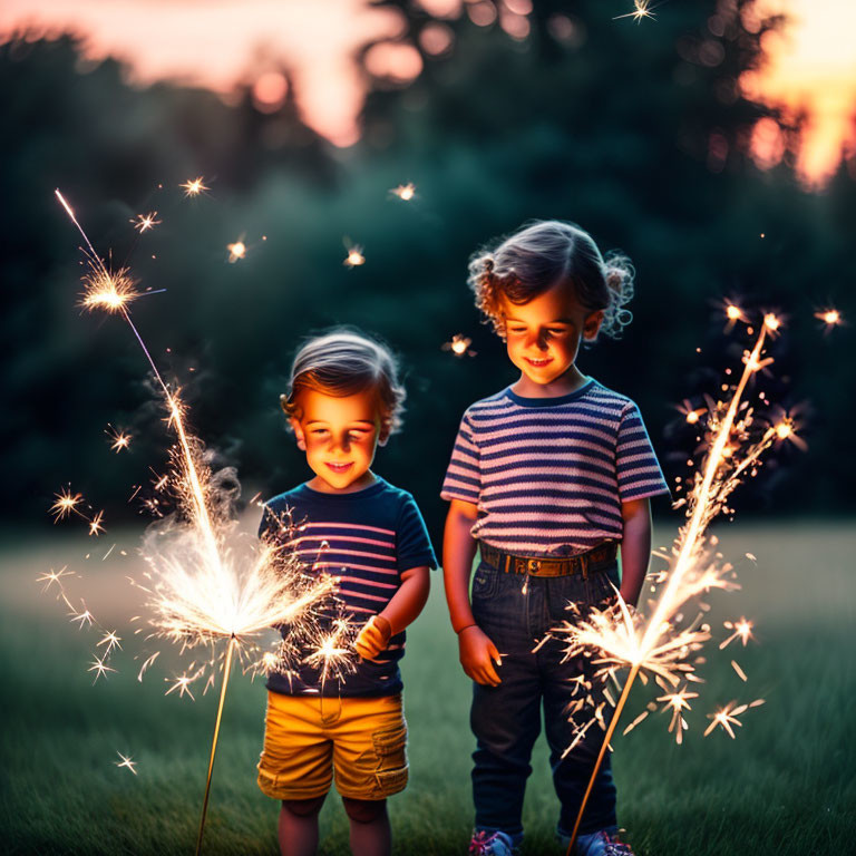 Children with sparklers in twilight outdoor setting with trees and grass.