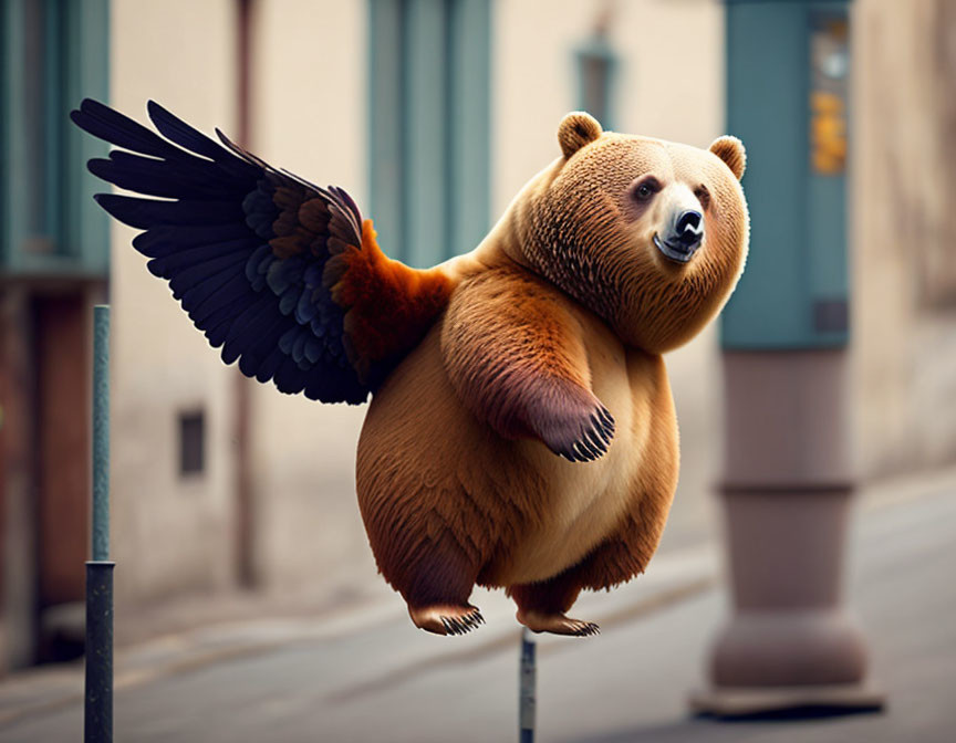 Bear with wings flying through urban street blending natural with fantastical