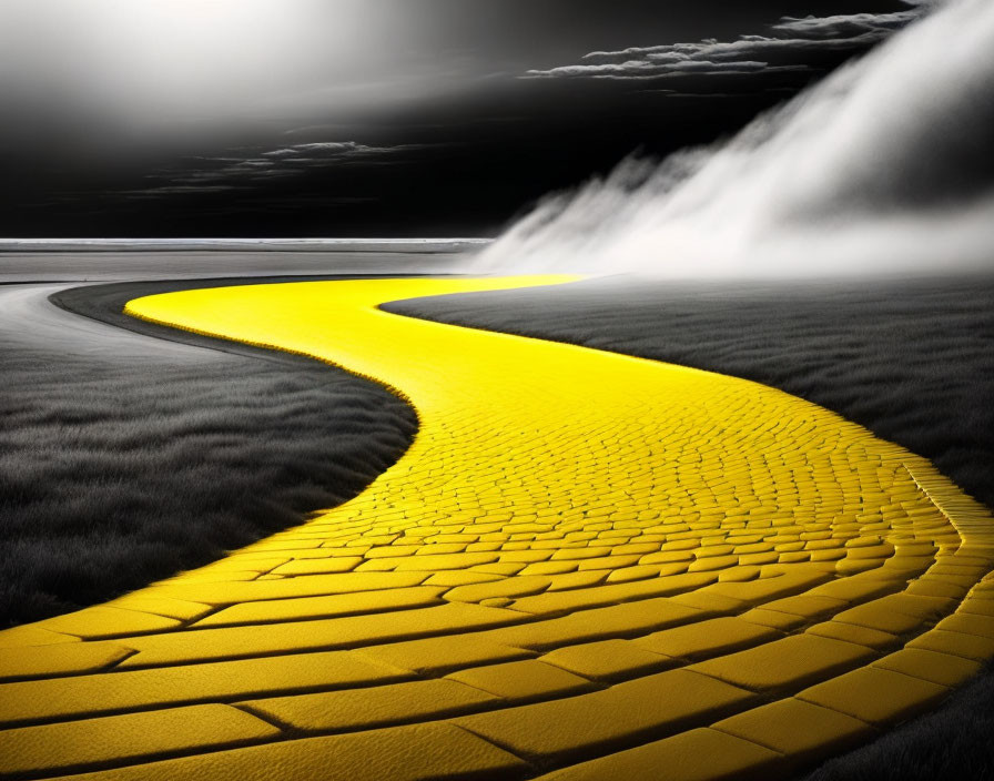 Yellow Brick Road Through Monochrome Landscape