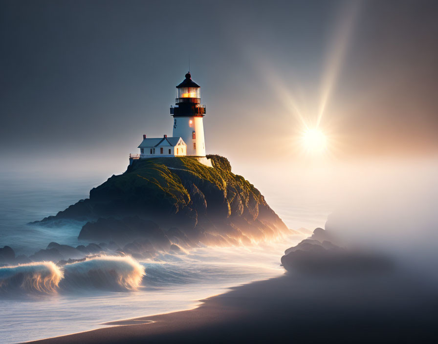 Sunlit lighthouse on misty rocky promontory with crashing waves and sunbeams.