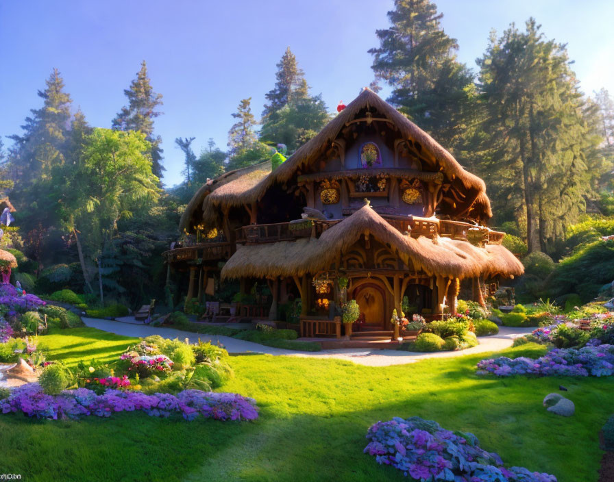 Thatched cottage in lush garden under clear blue sky