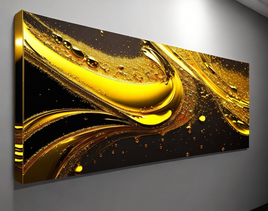 Luxurious Golden Swirls Artwork on Canvas Displayed on Grey Wall