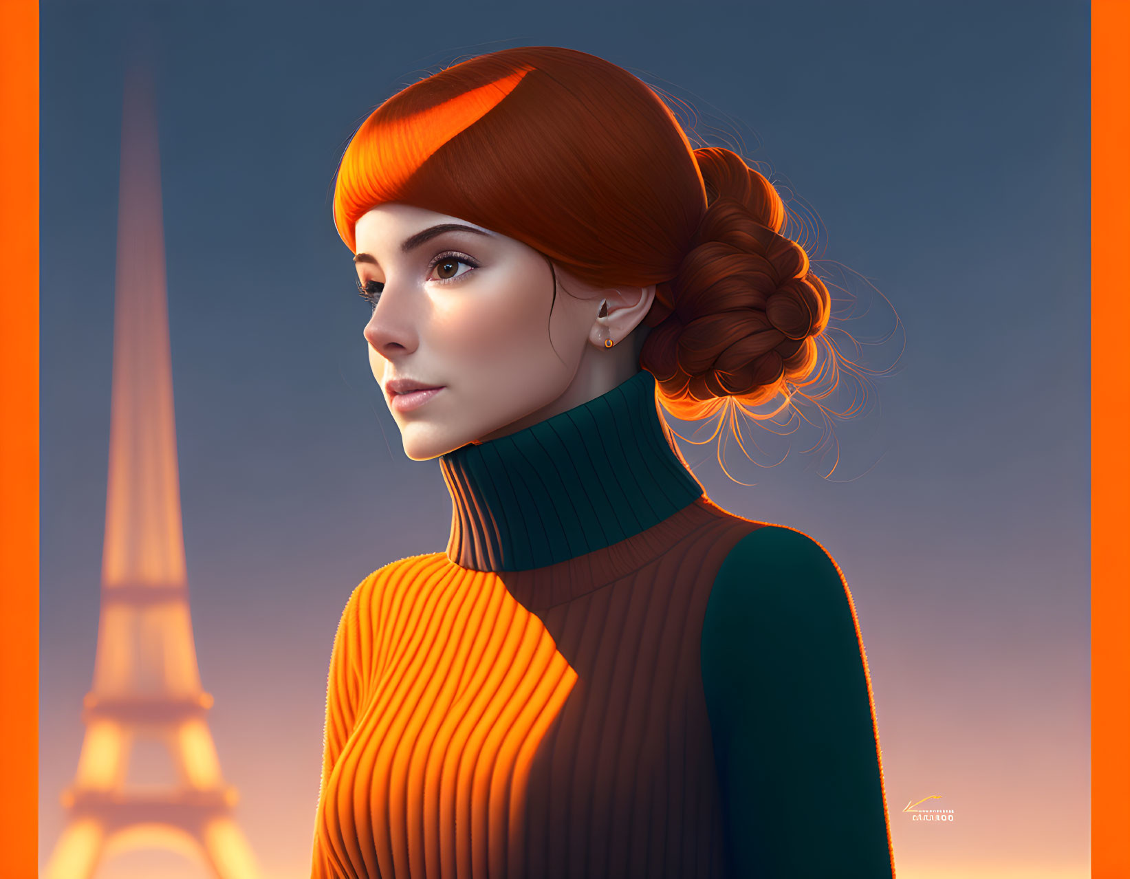 Profile view of woman with auburn hair and green turtleneck, Eiffel Tower in