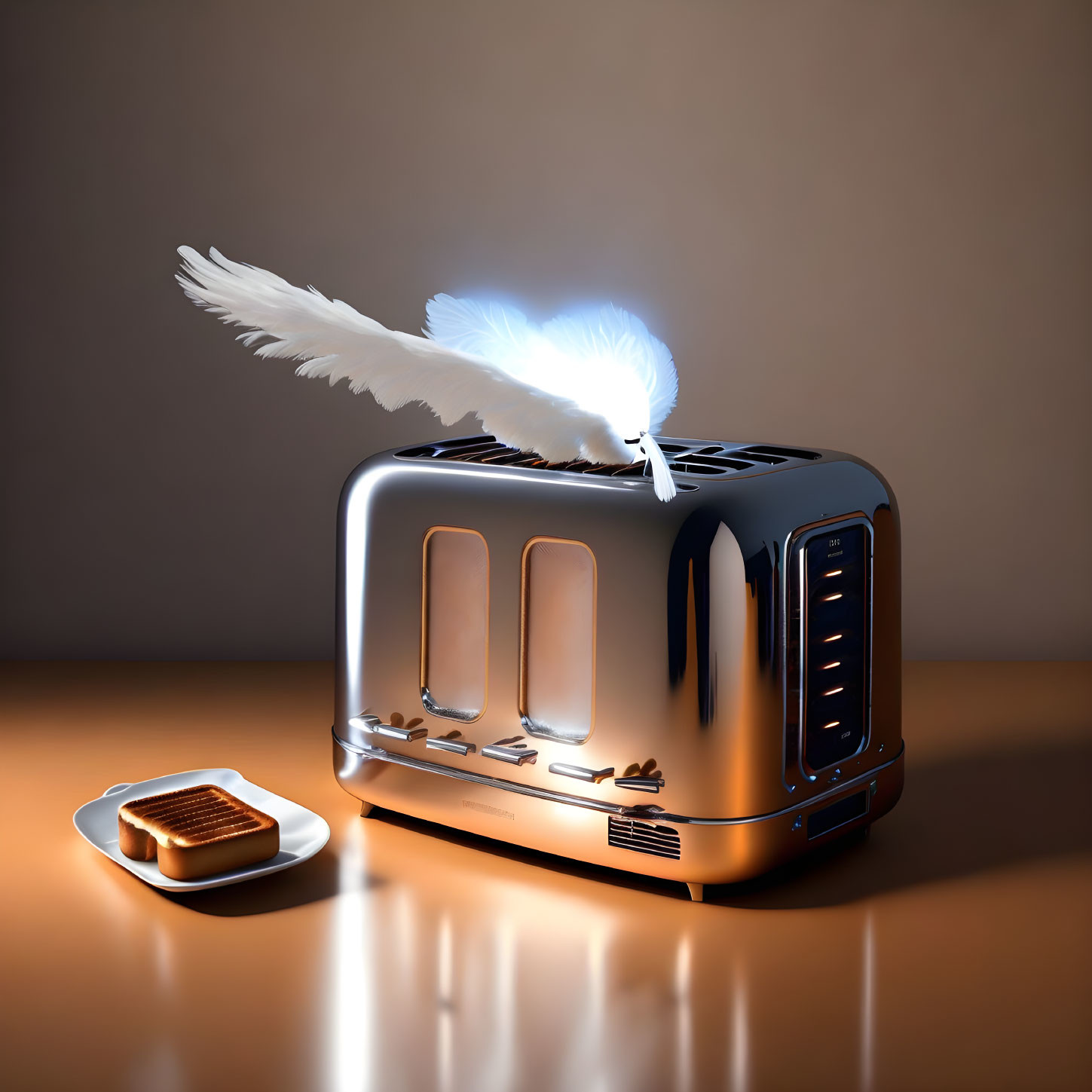 Surreal flying bread slice and chrome toaster scene with toast on plate