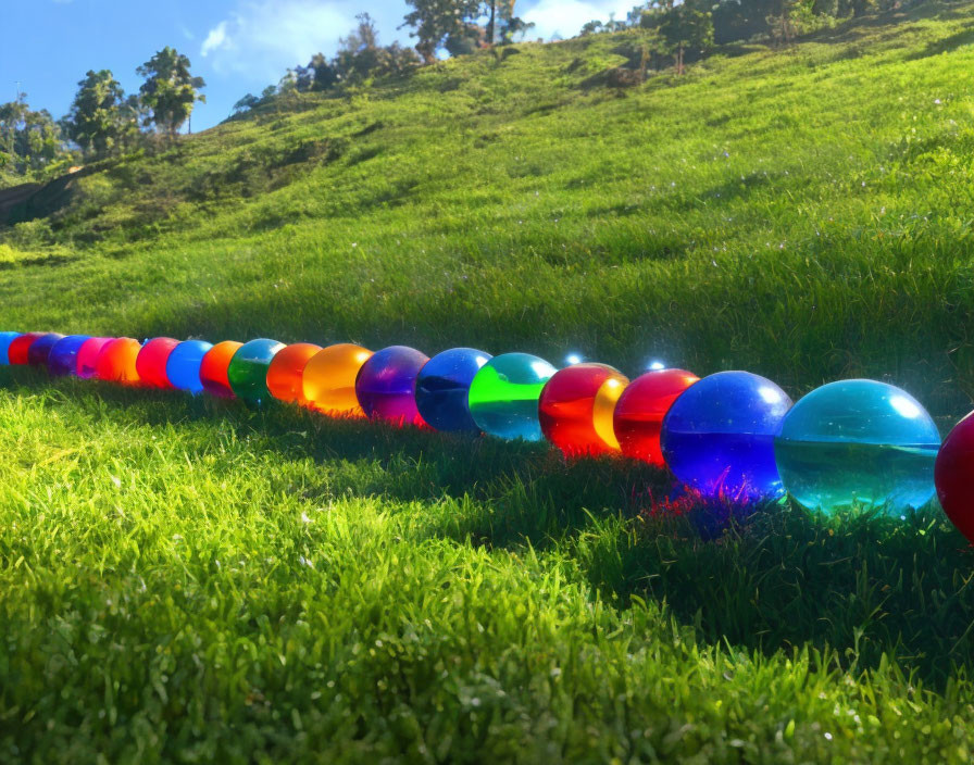 Colorful glass spheres on green hillside under blue sky