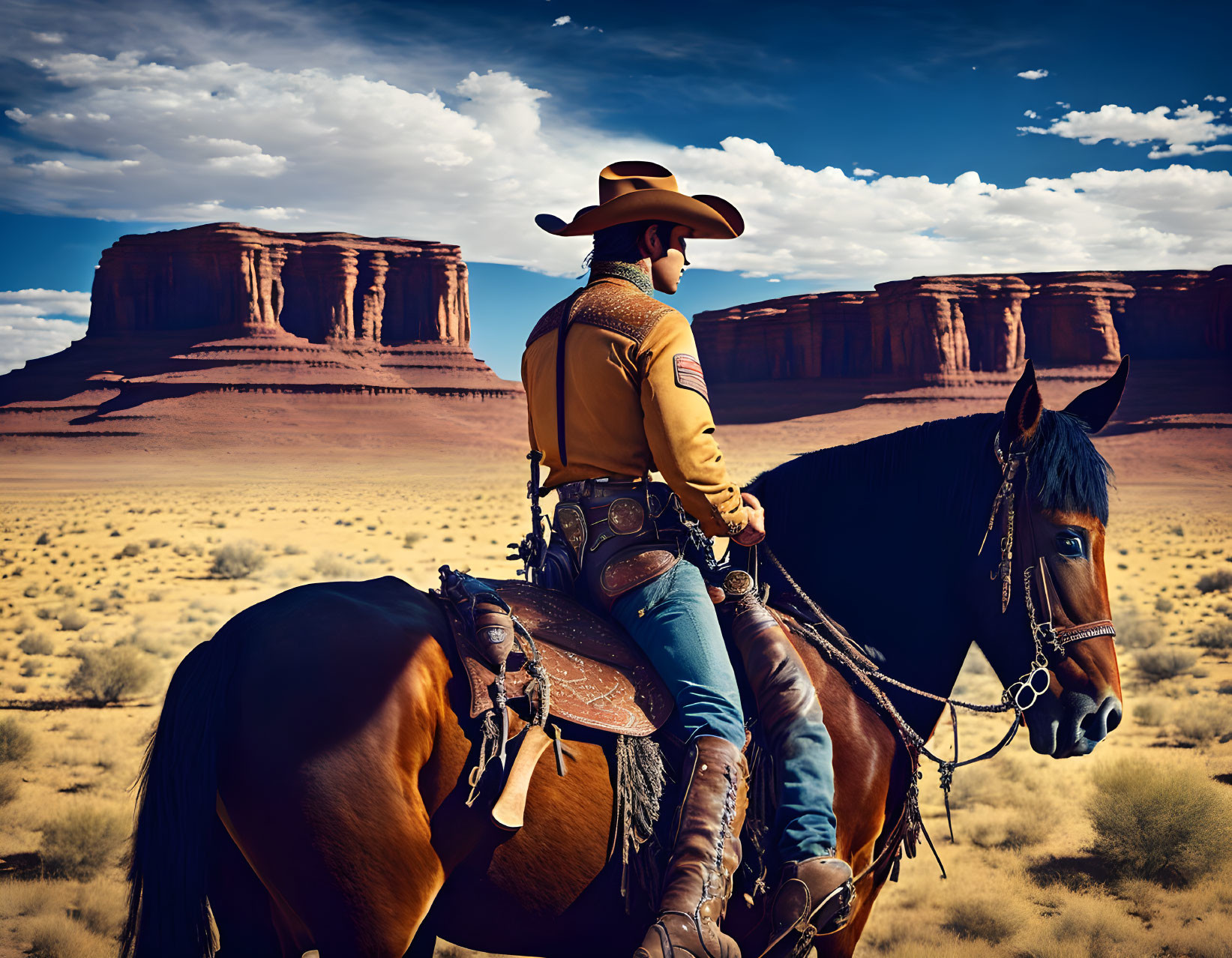 Cowboy on horseback admires Monument Valley's iconic buttes under blue sky.