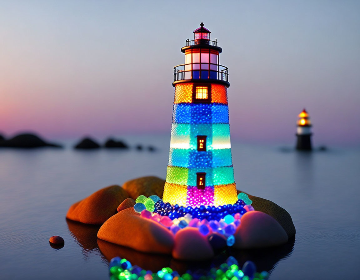 Colorful Rainbow Lighthouse at Twilight by the Sea