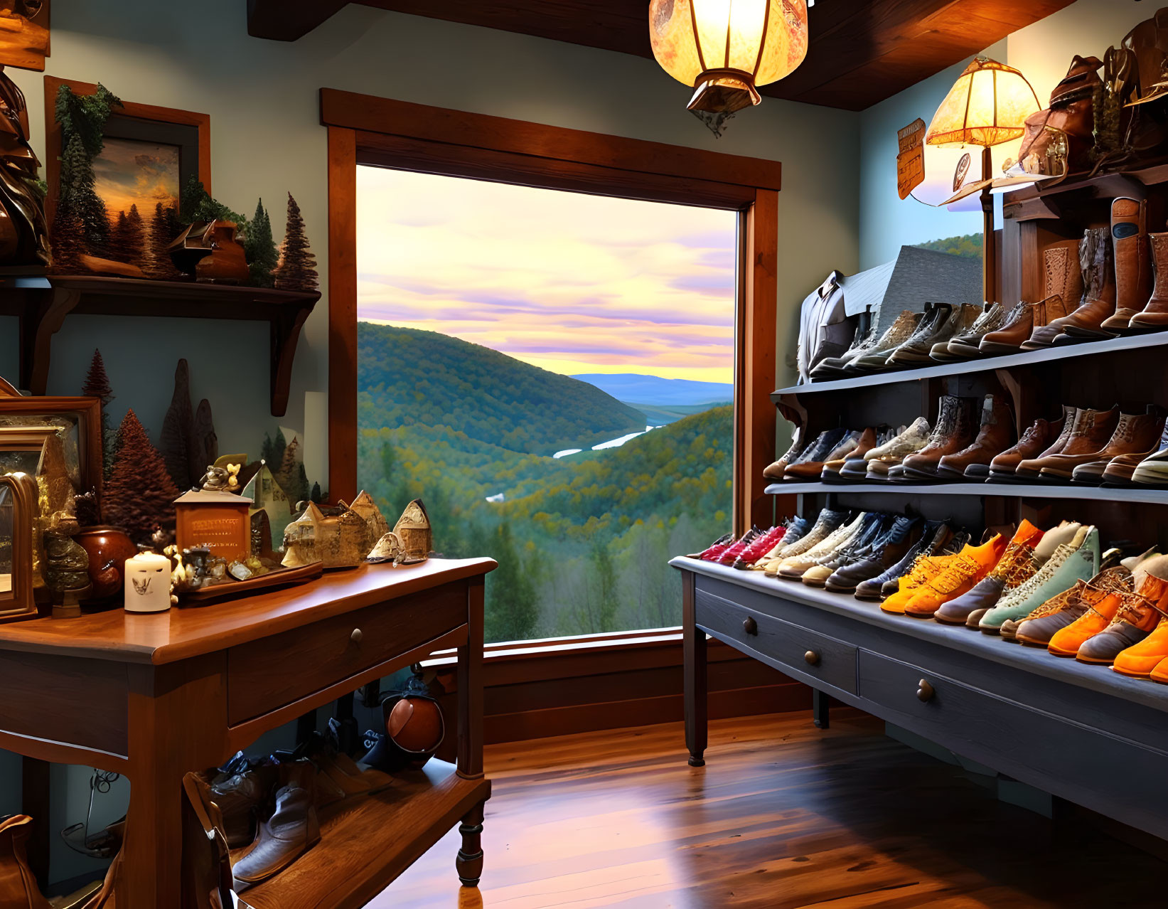 Rustic room with boots, wooden desk, and sunset view