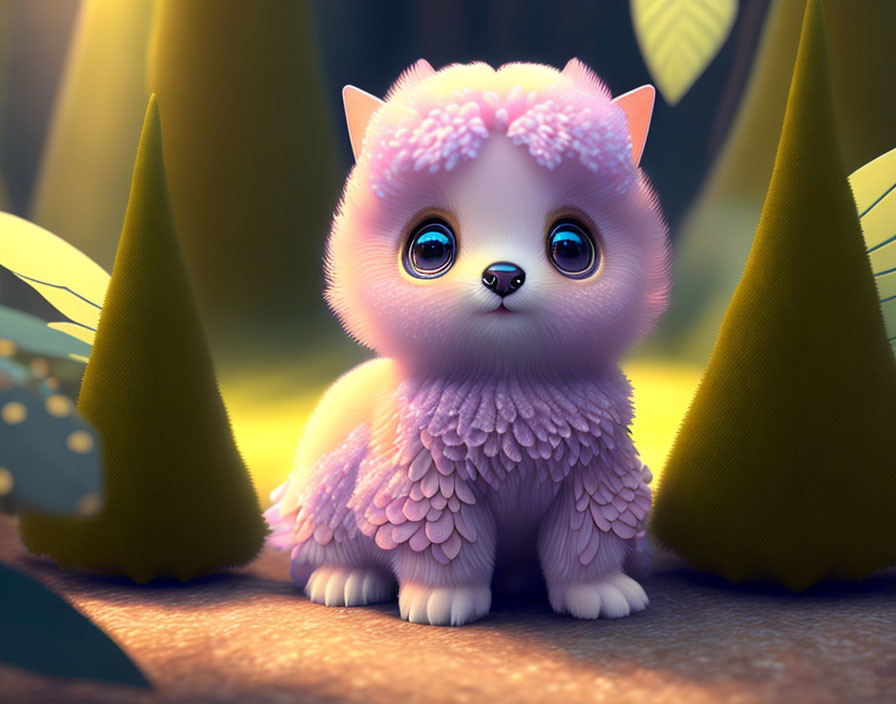 Fluffy pink animated kitten with blue eyes in fantasy forest setting