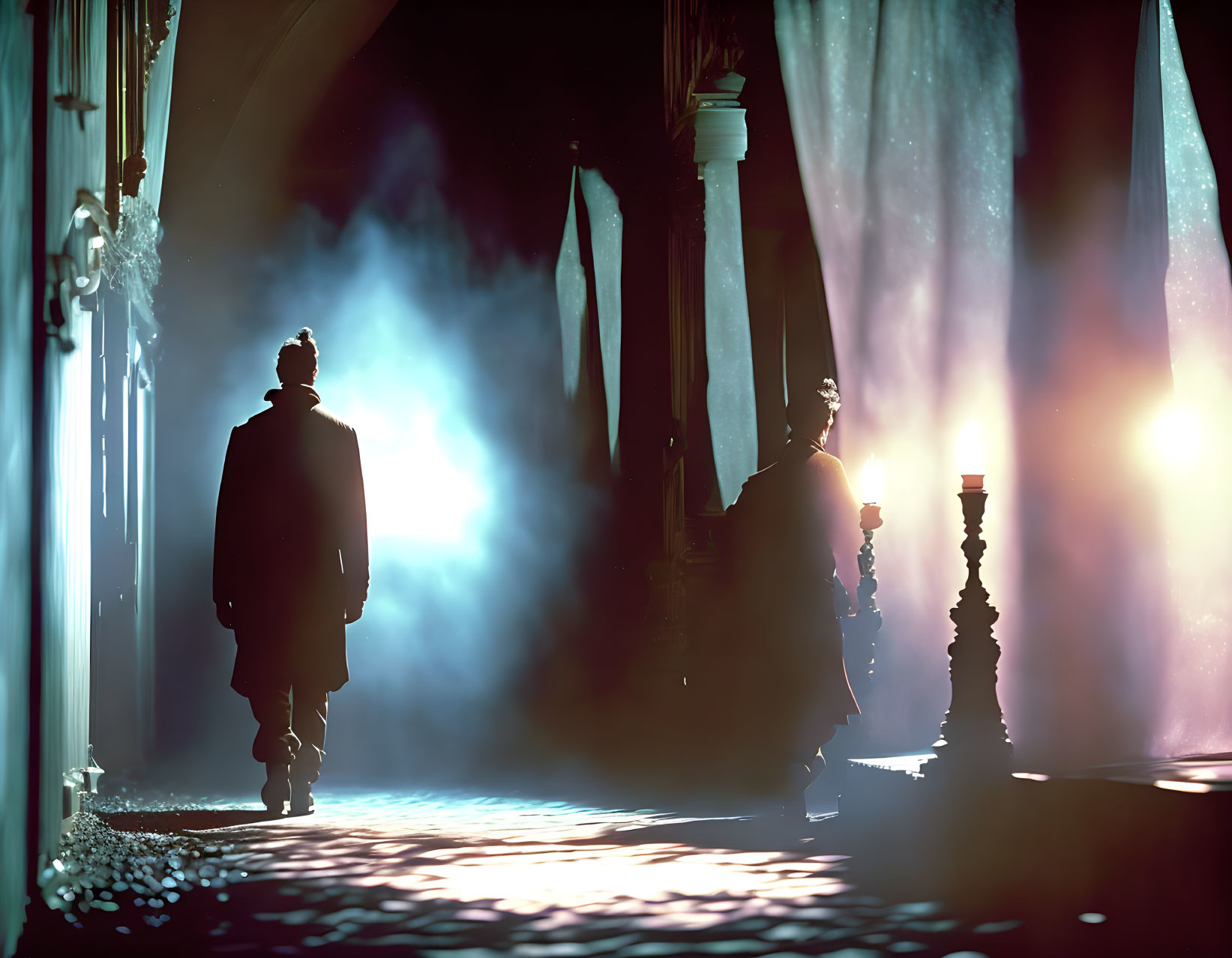 Person walking in misty, illuminated corridor with pillars & curtains