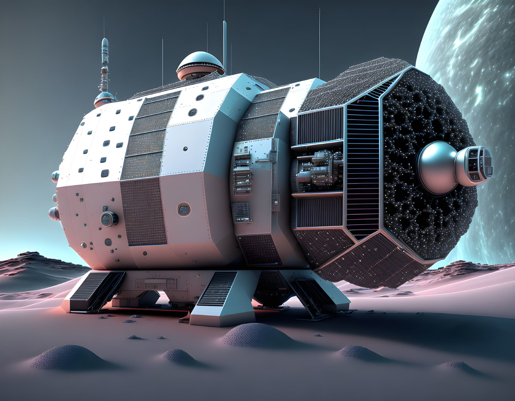 Futuristic spacecraft on alien landscape with starry sky