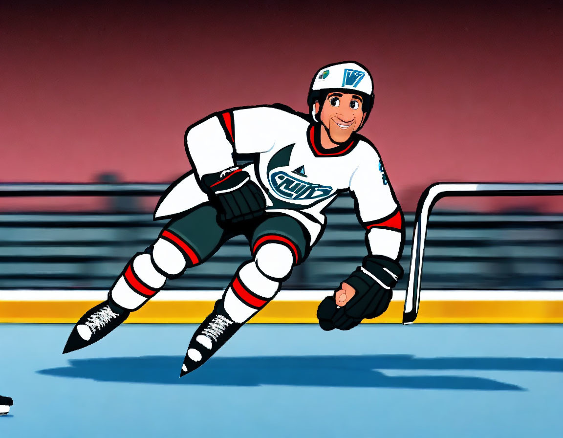 White and Turquoise Animated Hockey Player Smiling on Ice