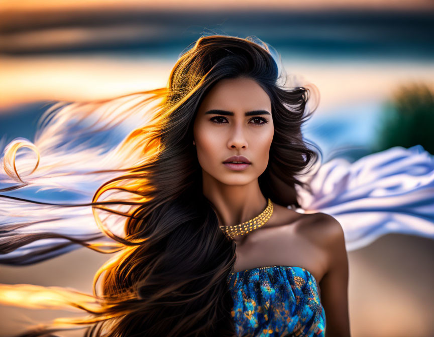 Woman in blue dress gazes with flowing hair against beach sunset.