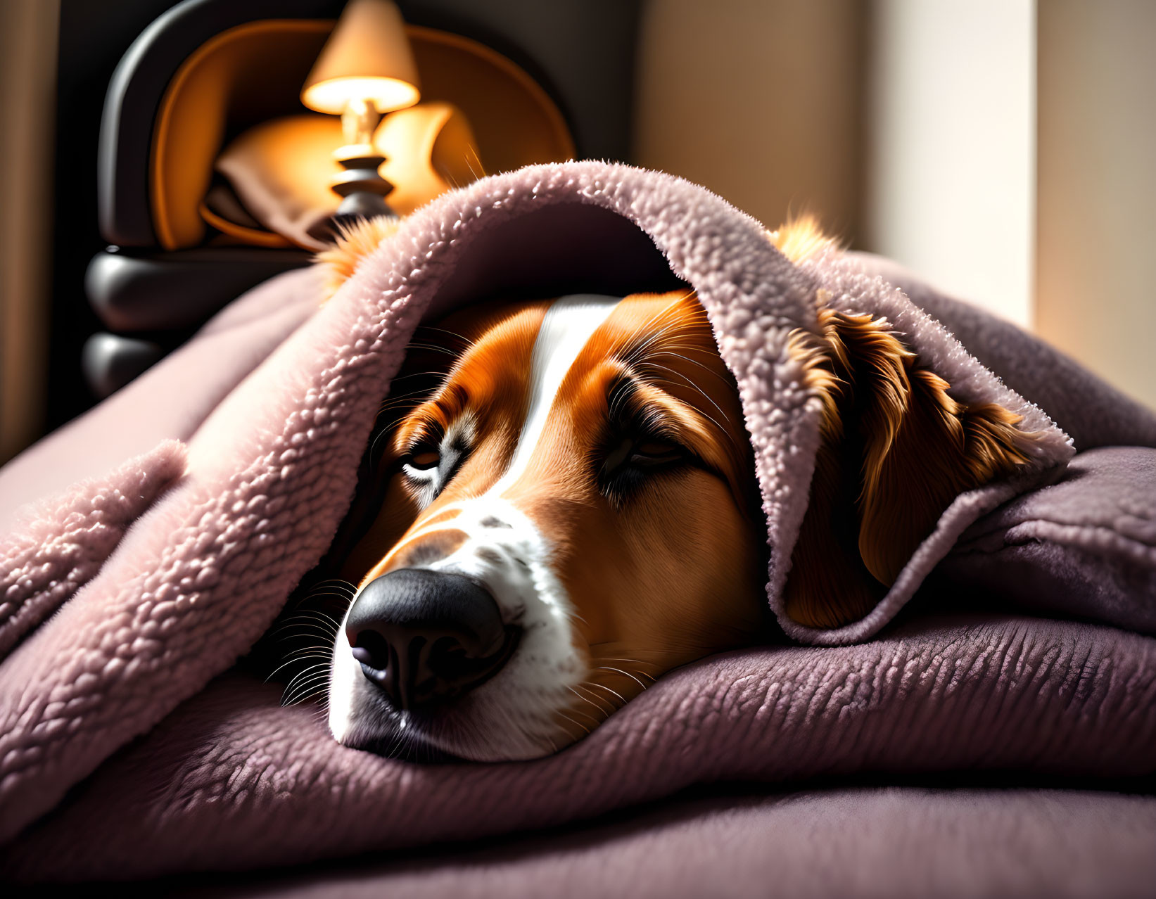 Serene dog snuggled under soft pink blanket on cushioned surface