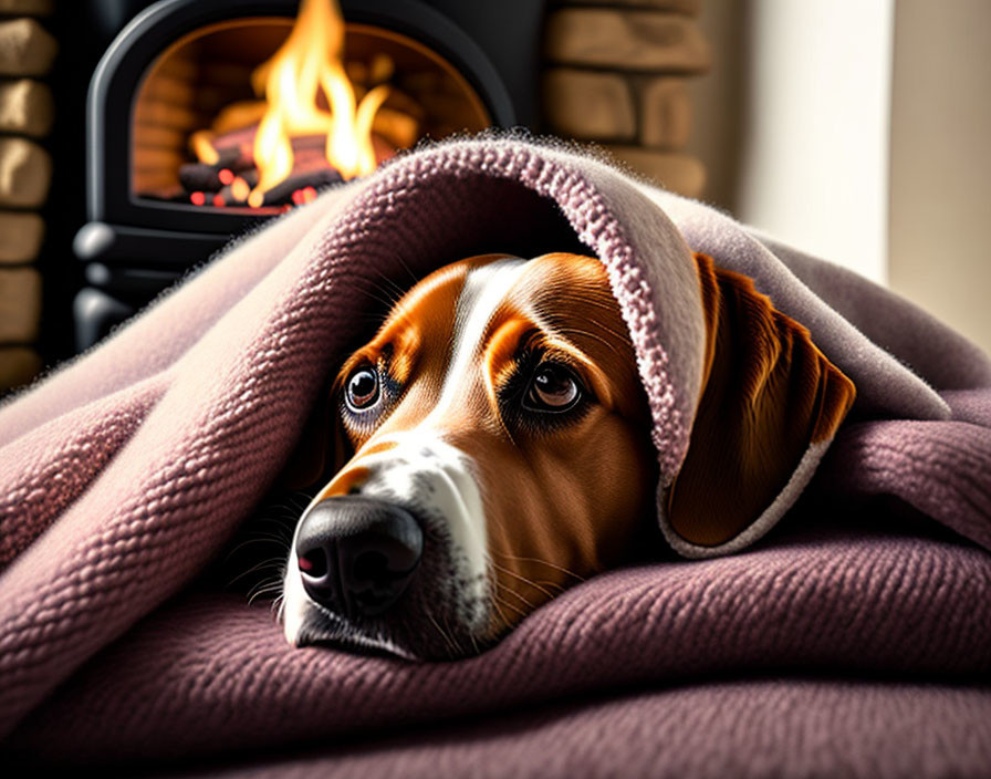 Beagle dog snuggled in blanket by fireplace