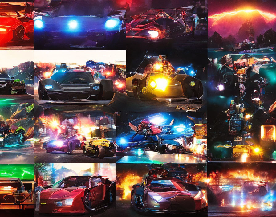 Stylized sports cars with neon lighting and futuristic characters in dynamic action.