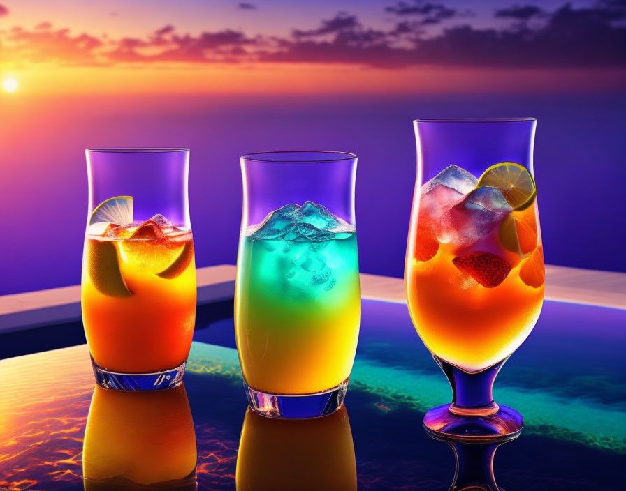 Vibrant Sunset Ocean Cocktails with Ice and Fruit Slices