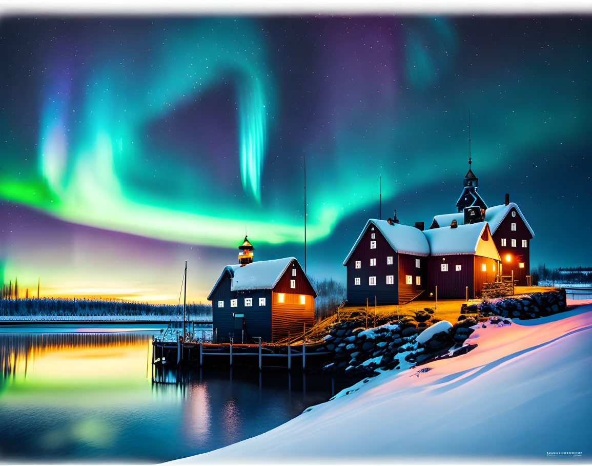 Snow-covered waterfront building under vibrant aurora borealis on winter night.