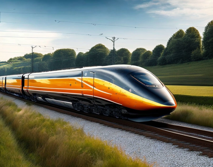 High-speed train travels through verdant countryside