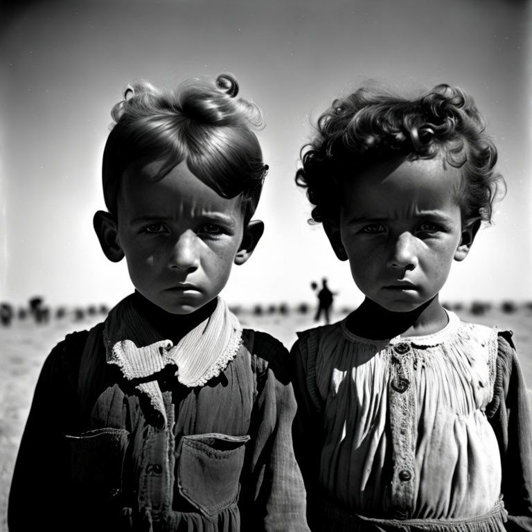 Vintage-dressed children with curly hair outdoors, shadowy figure present