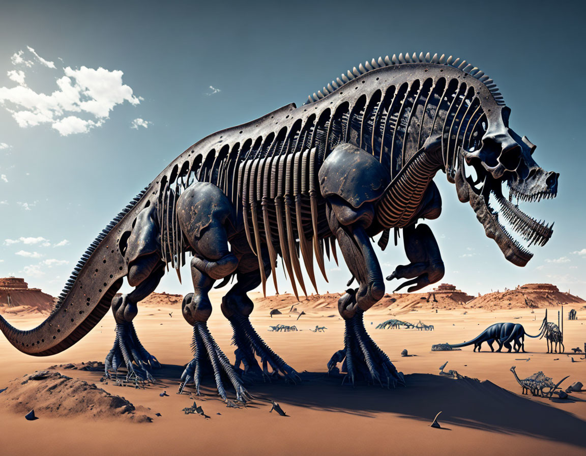 Colossal Dinosaur Skeleton Art in Desert Landscape