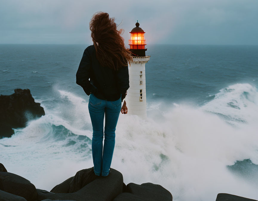 Person standing on rocky shoreline facing white lighthouse amid crashing waves